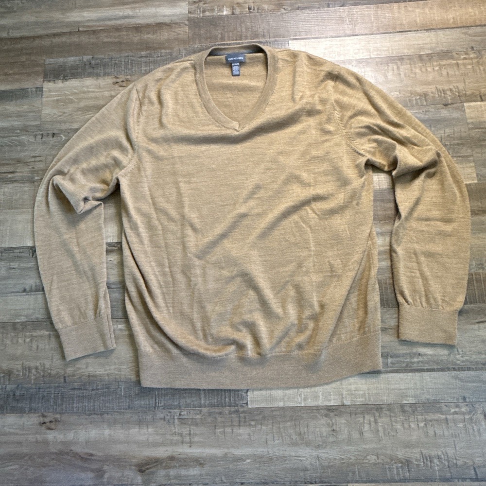 Van Heusen Men's V-Neck Long Sleeve Pullover Sweater - XL - Beige Merlino Wool